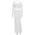 Detail of white two-piece ruched set featuring a long sleeve crop top and fitted skirt - S / White