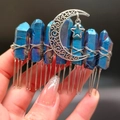 Handgefertigter Braut-Haarkamm mit blauen Kristallen, silbernem Mond und Sternen - Dunkelblauer Kristall + Mond + Sterne