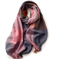Pink and grey plaid scarf in soft faux cashmere with fringe ends on white backdrop - 180cm / Leather Red