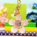 Floral keychain with white enamel petals and pink crystals on gold-tone alloy ring - Large Daisy Flower