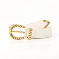 White leather belt for women featuring vintage gold metal buckle with diagonal relief patterns - White