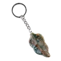 Leaf-shaped green and reddish-brown agate stone keychain with silver metal ring - India Agate