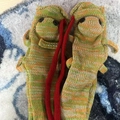 Funny knitted animal crocodile socks in green and orange variegated thick yarn - Kids Chameleon