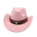 Detail of pink wool cowboy hat featuring a silver longhorn bull head metal ornament - Pink (With Bull Head)