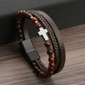 Multi-layer leather bracelet with cross pendant and brown stone beads - Red Tiger Eye Cross