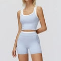 Two-piece light blue yoga set with ribbed racerback top and high-waist shorts with pockets - S / Top And Bottom (Tank Top + Shorts) / Mist Blue