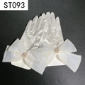 Short white satin bridal gloves featuring faux pearls and large mesh bow accents - Short White Satin Mesh Bowknot Pearl (ST093)