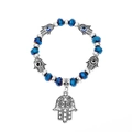 Blauwe kristallen kralenarmband met Hamsa-handhangers en Evil Eye-elementen - Antiek Zilver (M-747)