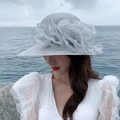 Elegante cappello da sole bianco panna a tesa larga con fiore in organza da spiaggia - Grigio chiaro