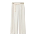 Women beige high-waisted wide-leg trousers with gold chain belt and woven suit fabric - XS / Beige Pants