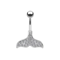 Silver whale tail belly button ring featuring sparkling inlaid diamonds on white background - Silver Whale Tail