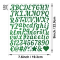 Close-up of 1-inch green glitter alphabet stickers featuring letters and numbers - Green