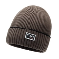Thick knit winter beanie in deep coffee brown with stylish striped patch detail - One Size / Khaki