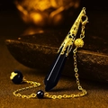 Polished hexagonal obsidian crystal pendant with gold hollow filigree and beaded chain - Gold Black Agate