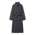 Elegant charcoal grey long wool coat with stand collar and matching waist belt - XS / Dark Gray