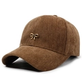 Dark brown baseball cap with herringbone corduroy texture and golden bow emblem - Adjustable / Coffee