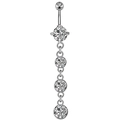 Close-up of silver belly button ring with four graduated sparkling round zircons - Style 12-Gradient 4-Round Diamond