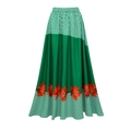 Detail of green and white striped maxi skirt with floral print and smocked waist - One Size / Skirts