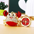 Red and gold crab keychain with sparkling rhinestones and Chinese blessing tag - Red Lucky Crab with Coin