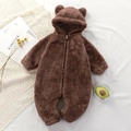 Warmer dunkelbrauner Baby-Kapuzenoverall mit Bärenohren und weichem Plüschstoff - 66CM / Braun