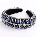 Baroque sponge headband with deep blue crystals and rhinestones on black velvet base - Navy Blue