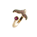 Golden fishtail open ring with vibrant micro-pave red, green, and blue zircon stones - Adjustable Open / Colorful Fish Tail (CR0294DX)