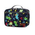 Detail of blue camouflage dinosaur lunch bag showing zipper and front pocket - Dinosaur