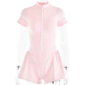 Roze strakke bodysuitjurk met korte mouwen, witte rits aan de voorkant en opstaande kraag - S / Lichtroze