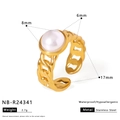 Gold chain style stainless steel ring with 8mm white pearl inlay for women - Chain Large Pearl Style (NB-R24341)