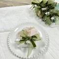 Pink silk bow scrunchie with lily of the valley floral pendant and green velvet accents - Large Thick Scrunchie / Beige