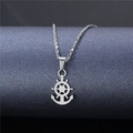 Polished stainless steel nautical necklace featuring anchor and helm pendant on a navy stand - Ship Wheel & Anchor