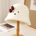 Cute beige lamb wool bucket hat with red polka dot bow and bear face design for women - M (56-58cm) / Dog Style / White