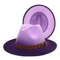 Dettaglio del cappello fedora in lana viola sfumato con cinturino in pelle e fibbia argento - M (56-58cm) / Lavanda + Viola