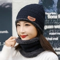 Navy blue winter knitted hat and neck warmer set with thick grey fleece lining for men - Navy Blue Hat & Neck Warmer Set