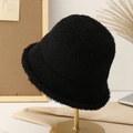 Women's fuzzy black knit bucket hat with soft plush faux fur texture for winter style - Black