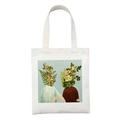 White canvas tote bag featuring a colorful surrealist floral portrait illustration - Floral Portrait Illustration (STD2-A)