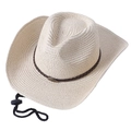 Men's straw western cowboy hat with rhino metal ornament and adjustable chin strap - 58cm One Size / Beige