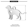 Silver stainless steel dog pendant with heart cutout and 11x15.5mm size specifications - Hollow Dog Charm