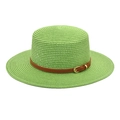 Detail of lime green boater hat featuring fine straw weave and brown leather belt buckle - M (56-58cm) / Fruit Green