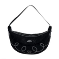 Borsa hobo a mezzaluna nera con ricamo a cuore bianco e fibbia in metallo argento - Nero
