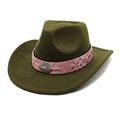 Close-up of olive green felt cowboy hat with pink textured band and carved metal buckle - M (56-58cm) / Army Green