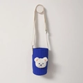 Blue quilted fabric bear cup bag with adjustable beige shoulder strap for water bottles - Blue/White Bear