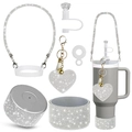 Sparkling diamond straw cover and heart keychain accessory set for tumblers - Silver Diamond Tassel Set