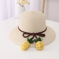 Cappello di paglia beige per bambini con fiocco marrone e ciondoli ananas - Taglia Bambini 54cm Circonferenza Testa (4-9 Anni) / Cappello Beige
