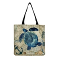 Linen tote bag featuring a blue sea turtle and vintage maritime map illustration - Blue-green Sea Turtle and Lighthouse Pattern (hm4537b)
