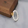 Elegant natural freshwater pearl ring with handmade gold wire rose flower detail - Size 5 / Gold
