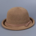Close-up of brown knit dome hat featuring a delicate side bow and rolled edge detail - M (56-58cm) / Camel