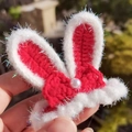 Handmade red knitted rabbit ear hair clip with white plush trim and pearl detail - Red Marshmallow Gauze Rabbit Ears
