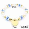 Bracelet perles cœur vintage avec perles céramique bleues et pendentifs or - Style de Cœur en Porcelaine Bleue et Blanche (KB183018-BH)