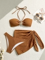 Detail of caramel brown 3-piece bikini set with starfish rhinestone and crinkle texture - S / Caramel color